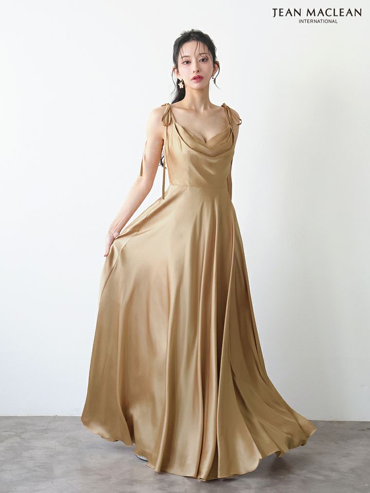 JEAN MACLEAN ジャンマクレーン ラグジュアリーサテン/ワンカラー/リボンショルダー/ドレープ/Aライン/フレア/ロングドレス ja51975