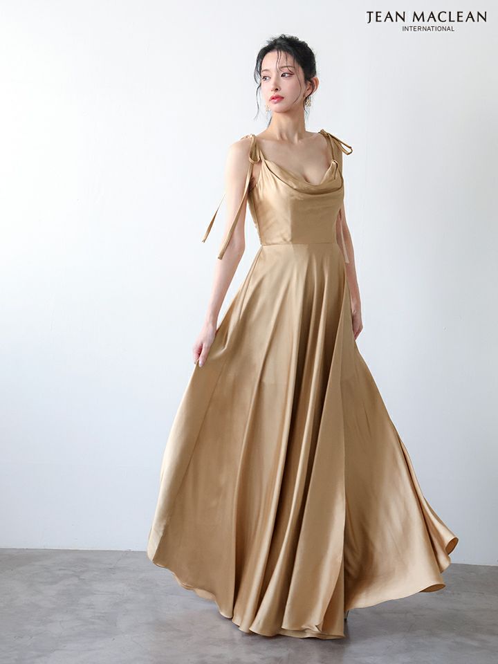 JEAN MACLEAN ジャンマクレーン ラグジュアリーサテン/ワンカラー/リボンショルダー/ドレープ/Aライン/フレア/ロングドレス ja51975
