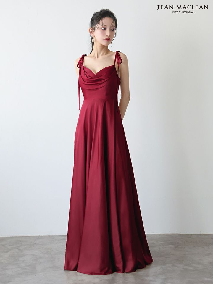 JEAN MACLEAN ジャンマクレーン ラグジュアリーサテン/ワンカラー/リボンショルダー/ドレープ/Aライン/フレア/ロングドレス ja51975