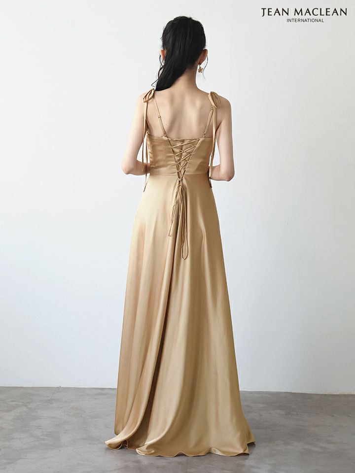 JEAN MACLEAN ジャンマクレーン ラグジュアリーサテン/ワンカラー/リボンショルダー/ドレープ/Aライン/フレア/ロングドレス ja51975