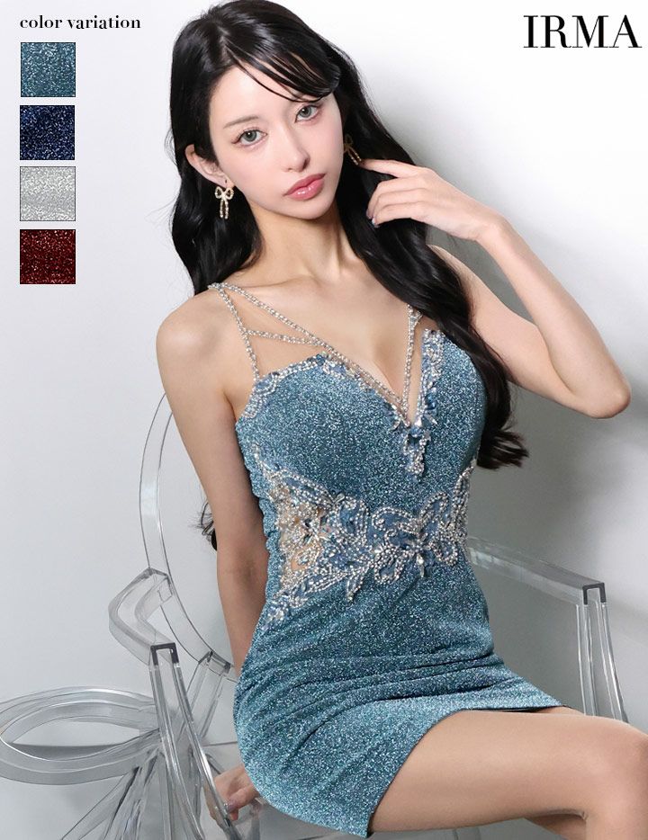 IRMA イルマ シルバースパークリングラメニット/ビジュー/カットアウト/タイト ミニドレス ir51965