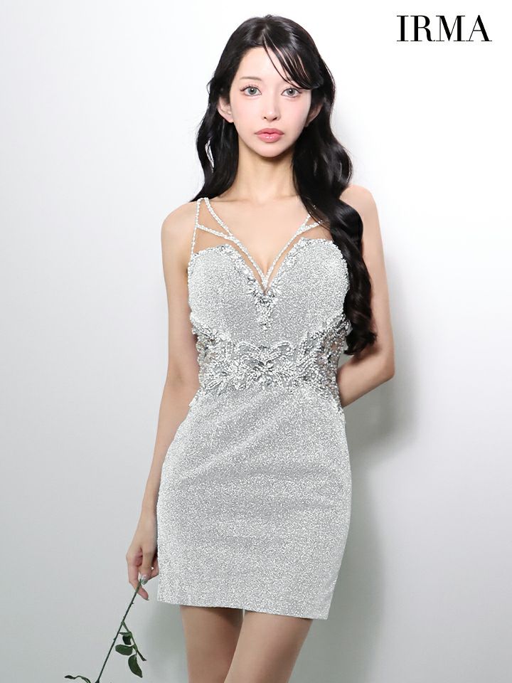 IRMA イルマ シルバースパークリングラメニット/ビジュー/カットアウト/タイト ミニドレス ir51965