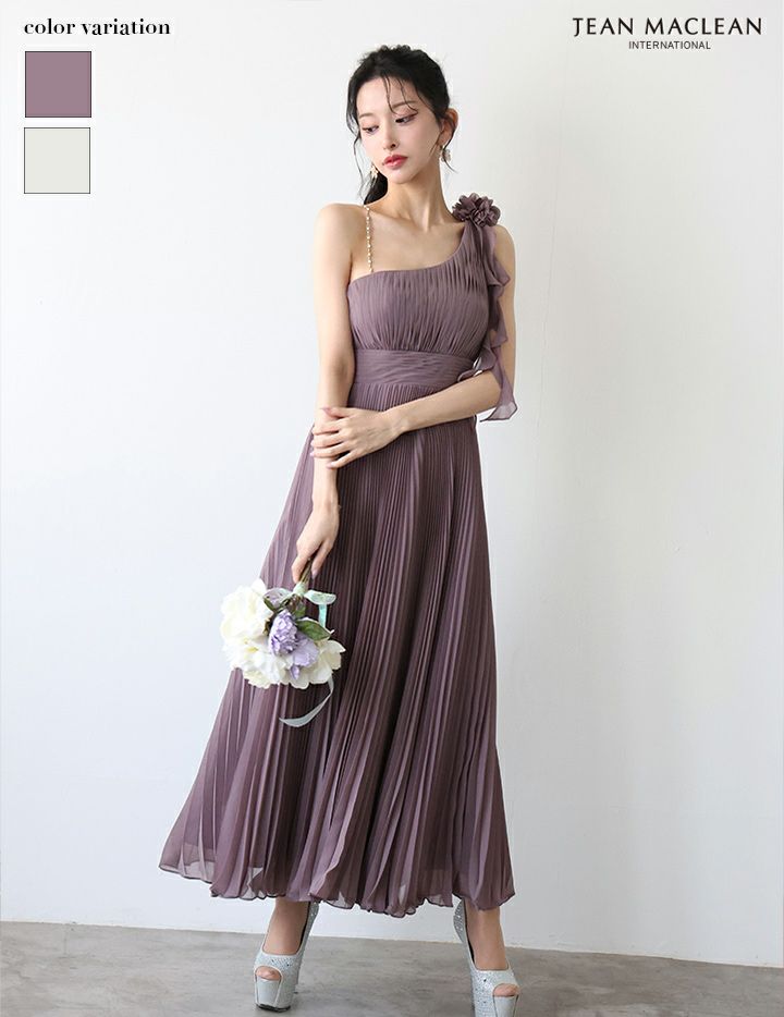 JEAN MACLEAN ジャンマクレーン ワンショル/プリーツ/シフォン/チェーンショルダー付き/ミモレ丈/ミディアムドレス  ja51969