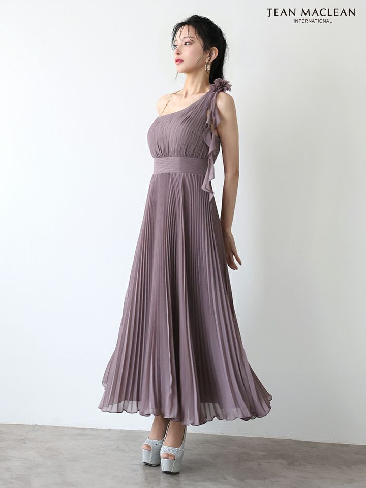 JEAN MACLEAN ジャンマクレーン ワンショル/プリーツ/シフォン/チェーンショルダー付き/ミモレ丈/ミディアムドレス  ja51969