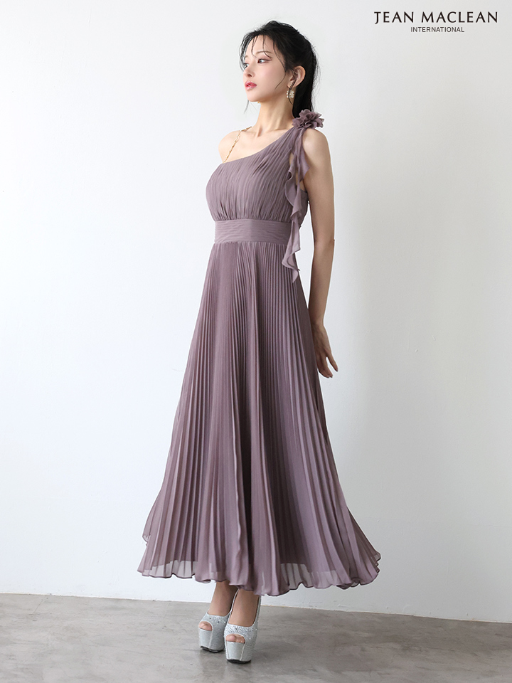 JEAN MACLEAN ジャンマクレーン ワンショル/プリーツ/シフォン/チェーンショルダー付き/ミモレ丈/ミディアムドレス  ja51969