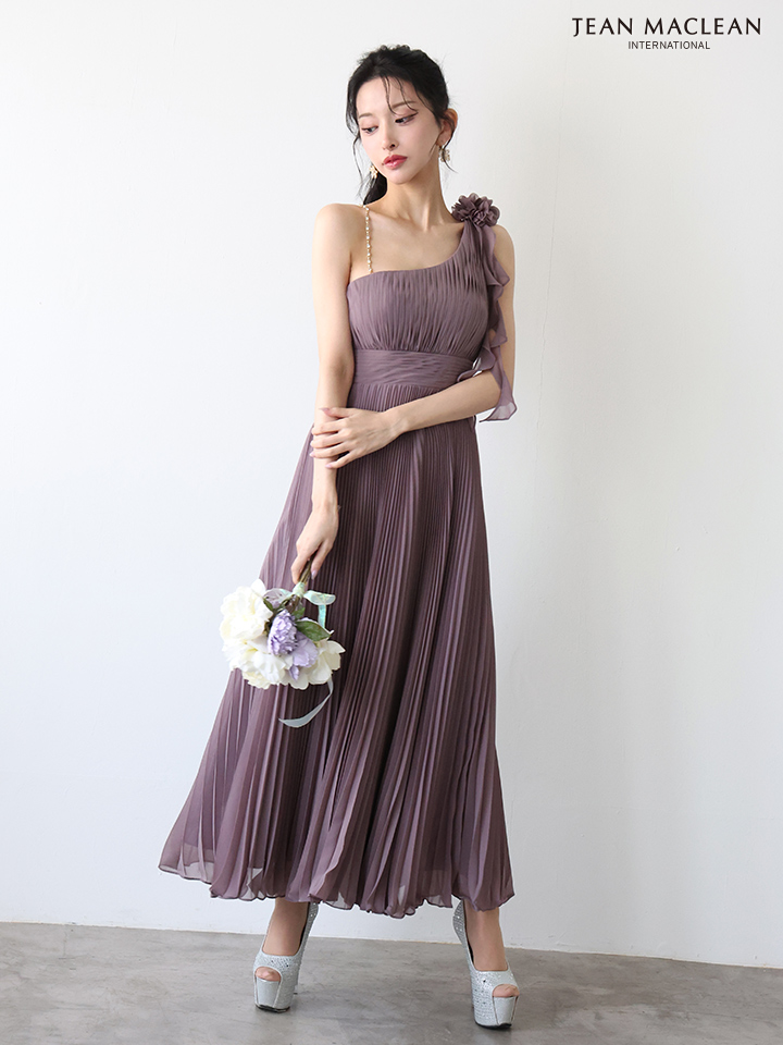 JEAN MACLEAN ジャンマクレーン ワンショル/プリーツ/シフォン/チェーンショルダー付き/ミモレ丈/ミディアムドレス  ja51969