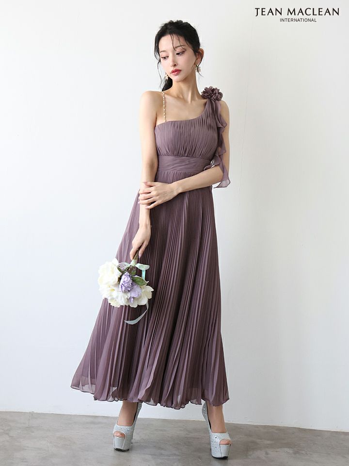 JEAN MACLEAN ジャンマクレーン ワンショル/プリーツ/シフォン/チェーンショルダー付き/ミモレ丈/ミディアムドレス  ja51969