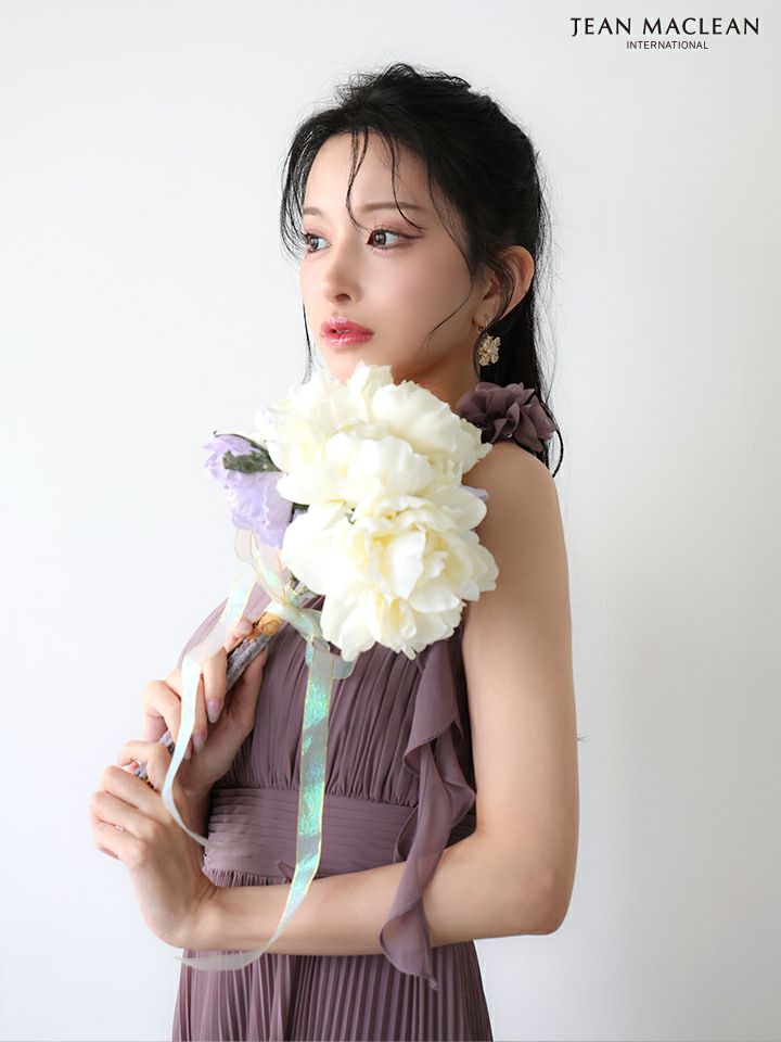 JEAN MACLEAN ジャンマクレーン ワンショル/プリーツ/シフォン/チェーンショルダー付き/ミモレ丈/ミディアムドレス  ja51969