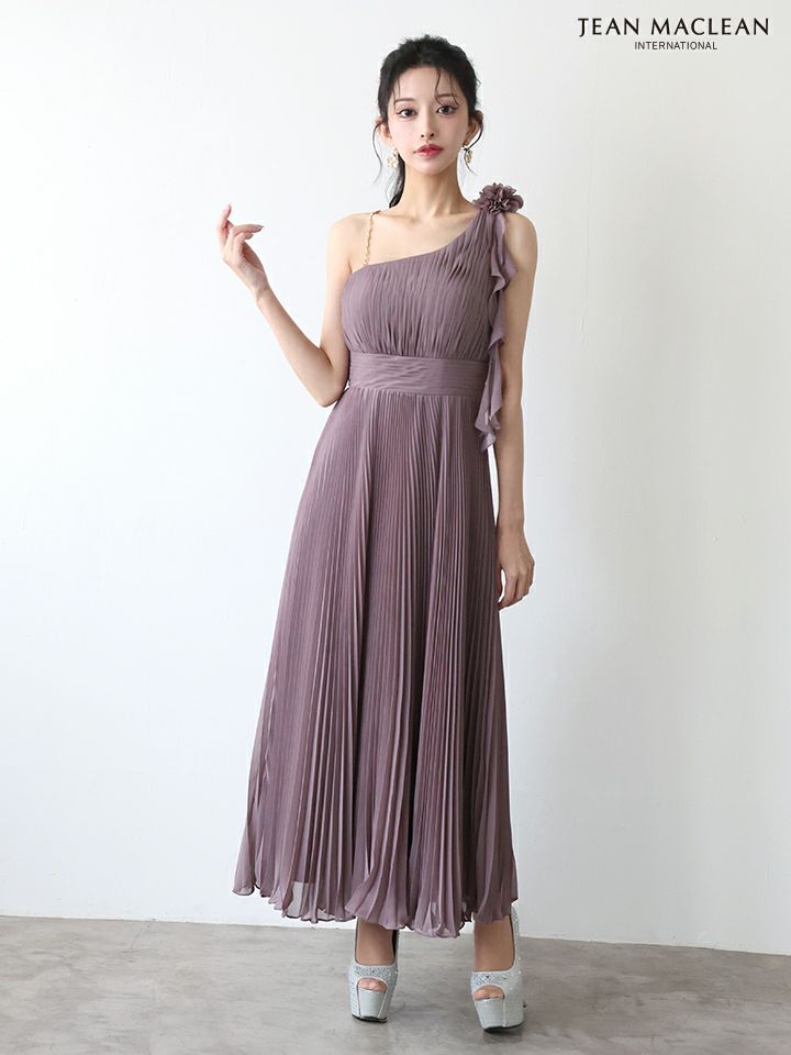 JEAN MACLEAN ジャンマクレーン ワンショル/プリーツ/シフォン/チェーンショルダー付き/ミモレ丈/ミディアムドレス  ja51969