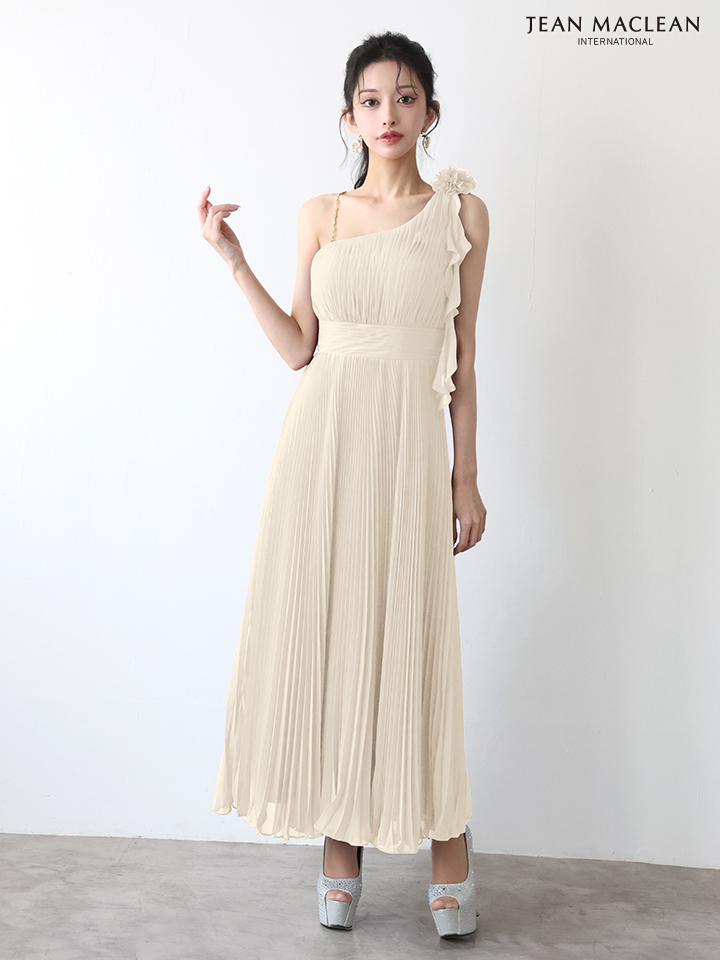 JEAN MACLEAN ジャンマクレーン ワンショル/プリーツ/シフォン/チェーンショルダー付き/ミモレ丈/ミディアムドレス  ja51969