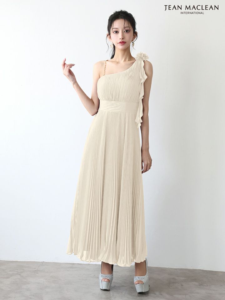 JEAN MACLEAN ジャンマクレーン ワンショル/プリーツ/シフォン/チェーンショルダー付き/ミモレ丈/ミディアムドレス  ja51969