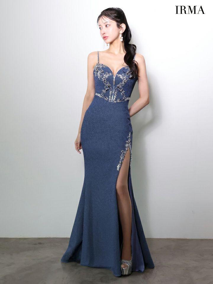 IRMA イルマ フロントジップ/ビジュー刺繍/スリット入り/タイト ロングドレス ir51970