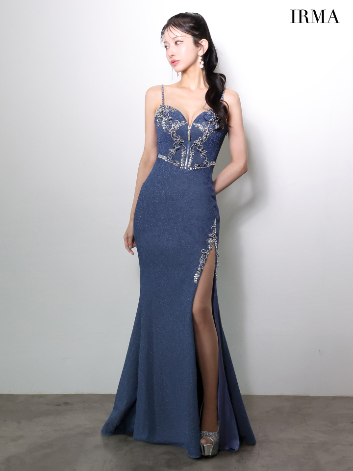 IRMA イルマ フロントジップ/ビジュー刺繍/スリット入り/タイト ロングドレス ir51970