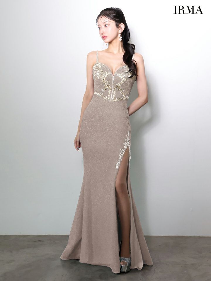 IRMA イルマ フロントジップ/ビジュー刺繍/スリット入り/タイト ロングドレス ir51970