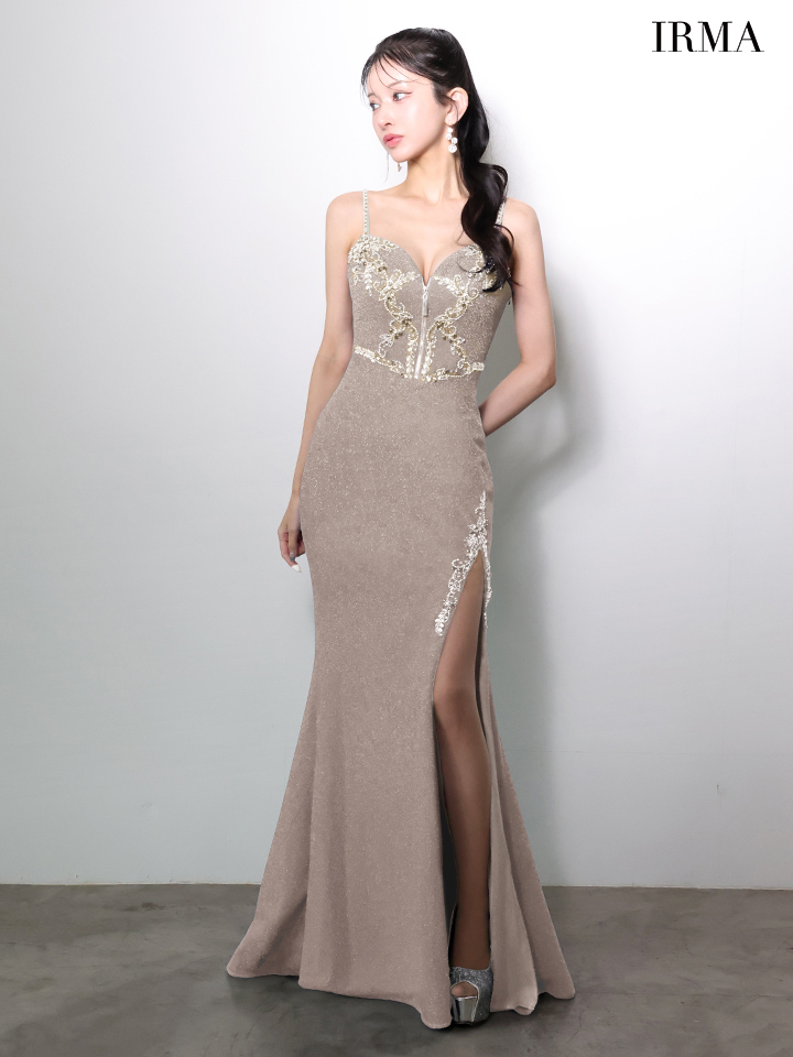 IRMA イルマ フロントジップ/ビジュー刺繍/スリット入り/タイト ロングドレス ir51970