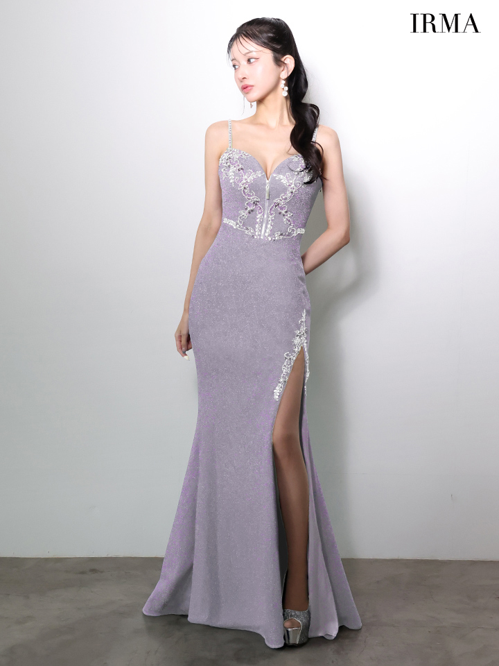 IRMA イルマ フロントジップ/ビジュー刺繍/スリット入り/タイト ロングドレス ir51970