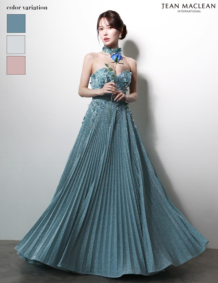 JEAN MACLEAN ジャンマクレーン フラワーモチーフ/ラメニット/チョーカー付き/プリーツ/Aライン/ロングドレス ja51977