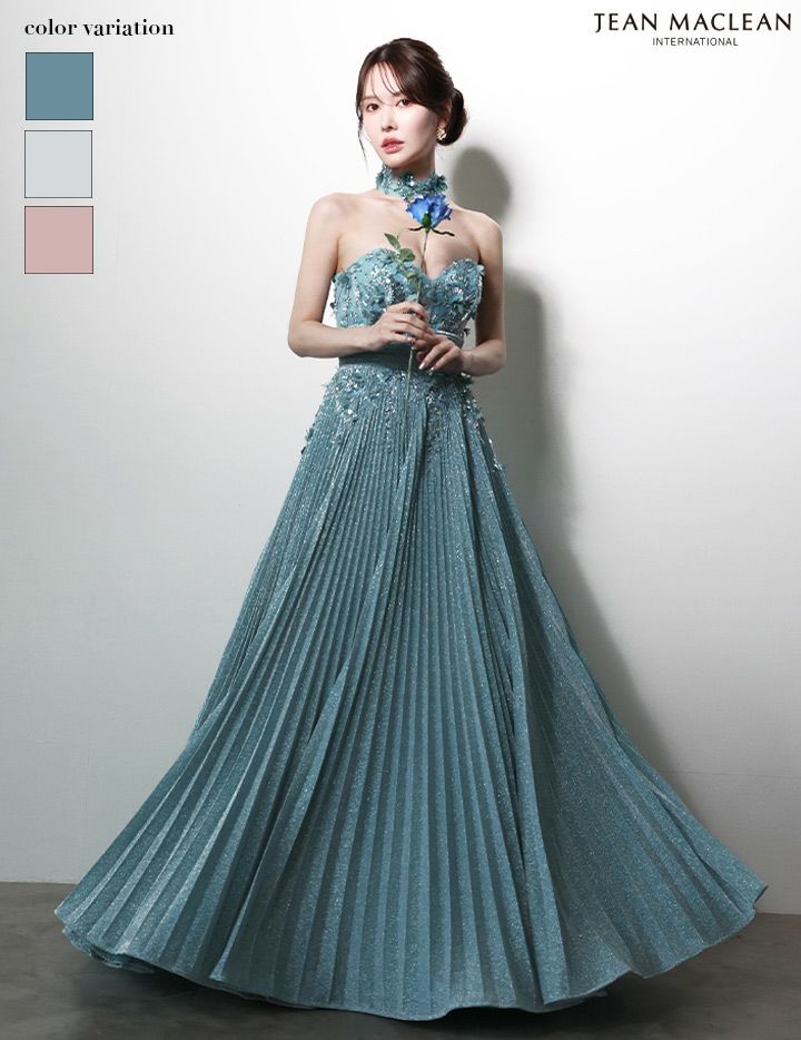 JEAN MACLEAN ジャンマクレーン フラワーモチーフ/ラメニット/チョーカー付き/プリーツ/Aライン/ロングドレス ja51977