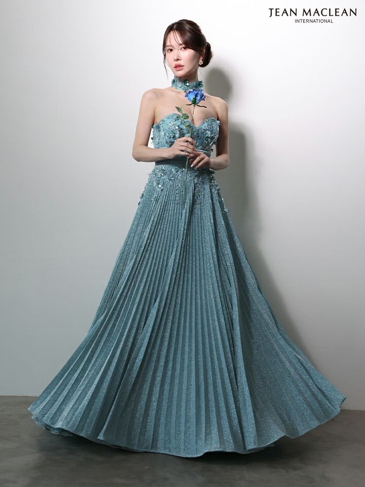JEAN MACLEAN ジャンマクレーン フラワーモチーフ/ラメニット/チョーカー付き/プリーツ/Aライン/ロングドレス ja51977