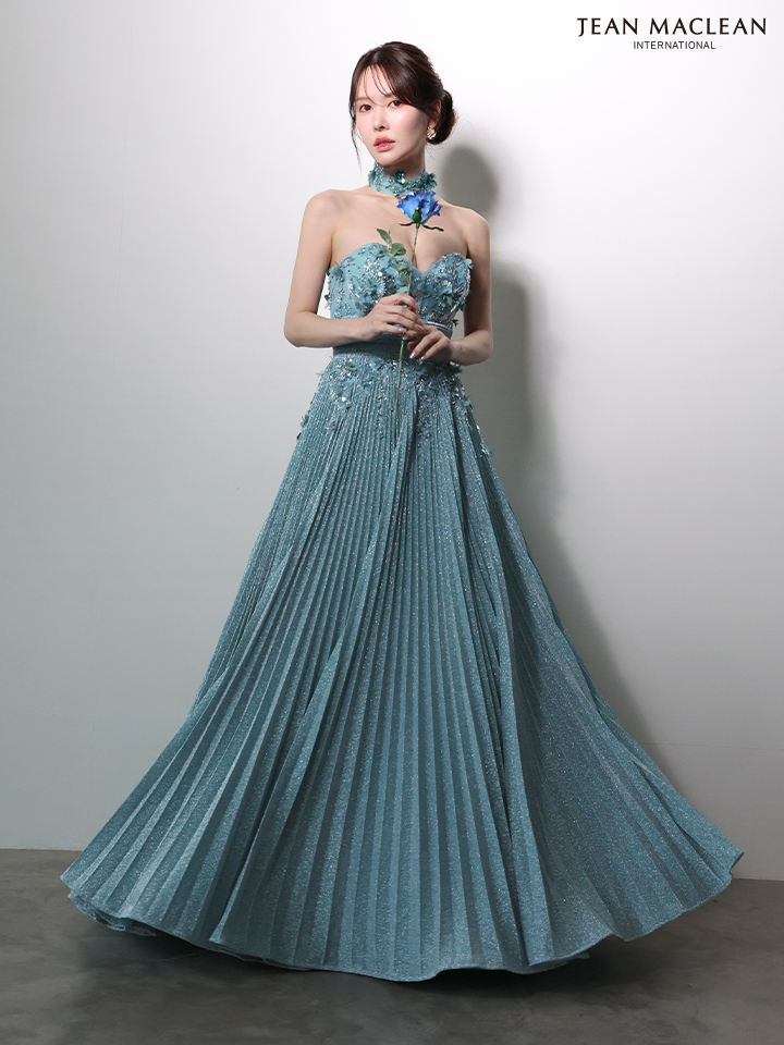 JEAN MACLEAN ジャンマクレーン フラワーモチーフ/ラメニット/チョーカー付き/プリーツ/Aライン/ロングドレス ja51977