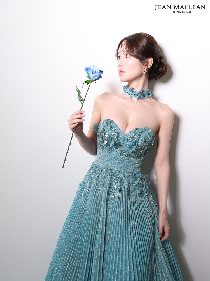 JEAN MACLEAN ジャンマクレーン フラワーモチーフ/ラメニット/チョーカー付き/プリーツ/Aライン/ロングドレス ja51977