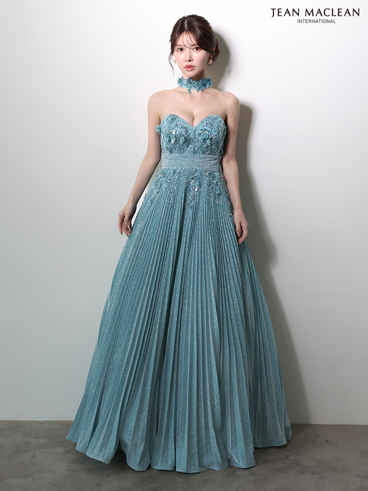 JEAN MACLEAN ジャンマクレーン フラワーモチーフ/ラメニット/チョーカー付き/プリーツ/Aライン/ロングドレス ja51977