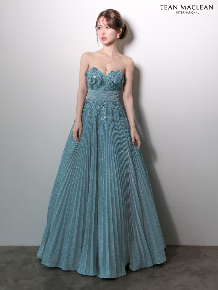 JEAN MACLEAN ジャンマクレーン フラワーモチーフ/ラメニット/チョーカー付き/プリーツ/Aライン/ロングドレス ja51977