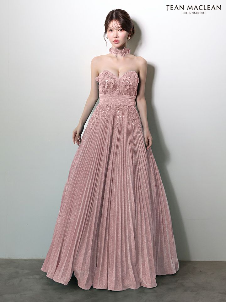JEAN MACLEAN ジャンマクレーン フラワーモチーフ/ラメニット/チョーカー付き/プリーツ/Aライン/ロングドレス ja51977