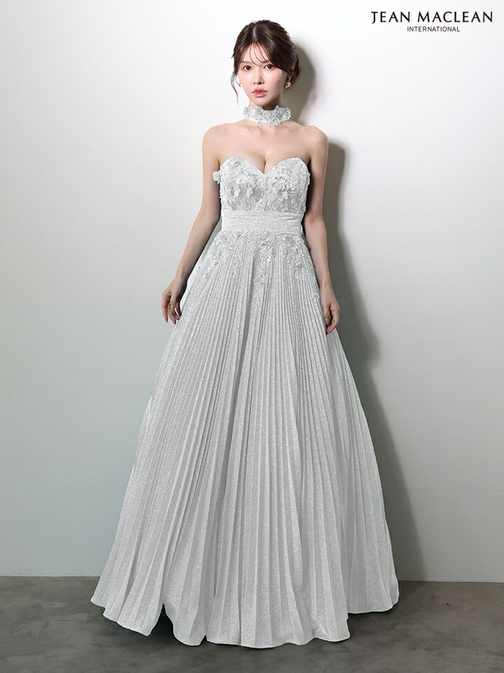 JEAN MACLEAN ジャンマクレーン フラワーモチーフ/ラメニット/チョーカー付き/プリーツ/Aライン/ロングドレス ja51977