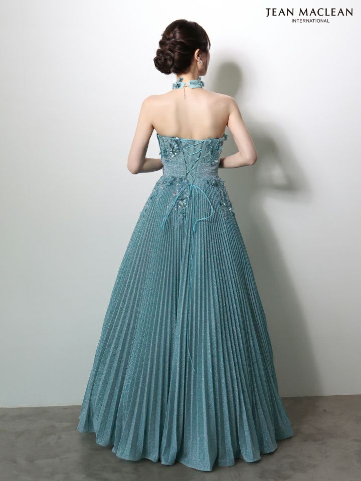 JEAN MACLEAN ジャンマクレーン フラワーモチーフ/ラメニット/チョーカー付き/プリーツ/Aライン/ロングドレス ja51977