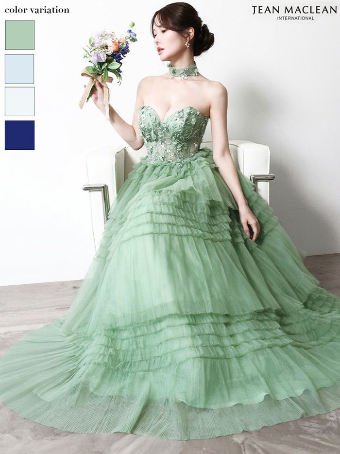 JEAN MACLEAN ジャンマクレーン フラワーモチーフ/スパンコール刺繍/3段ボリュームフリル/チョーカー付き/姫/ロングドレス  ja51978