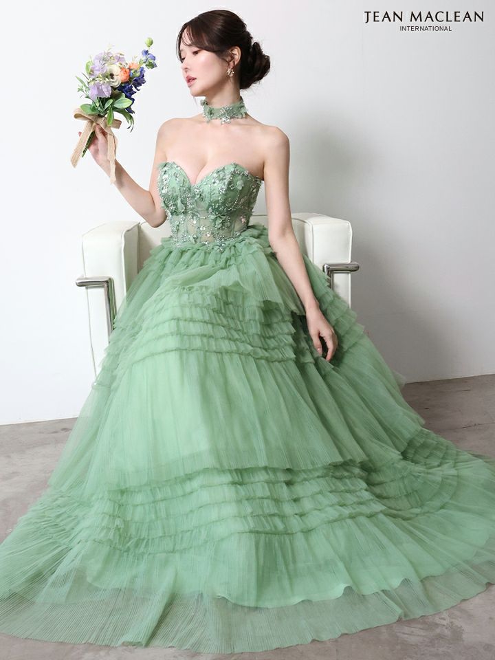 JEAN MACLEAN ジャンマクレーン フラワーモチーフ/スパンコール刺繍/3段ボリュームフリル/チョーカー付き/姫/ロングドレス  ja51978