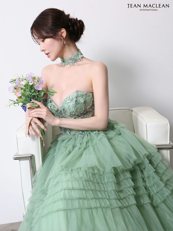 JEAN MACLEAN ジャンマクレーン フラワーモチーフ/スパンコール刺繍/3段ボリュームフリル/チョーカー付き/姫/ロングドレス  ja51978