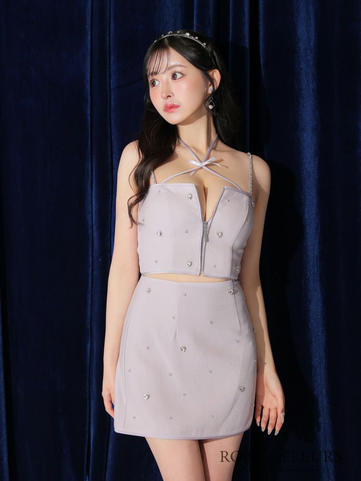 ROBE de FLEURS ローブドフルール 2way ハートビジューバストカットセットアップミニキャバドレス fm3586