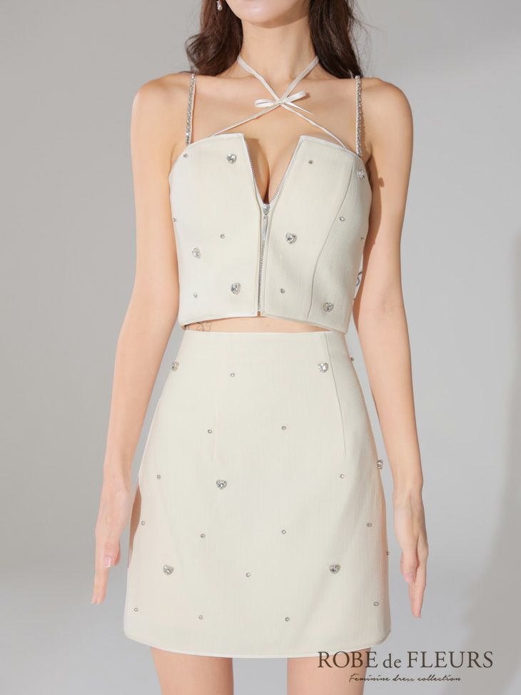 ROBE de FLEURS ローブドフルール 2way ハートビジューバストカットセットアップミニキャバドレス fm3586