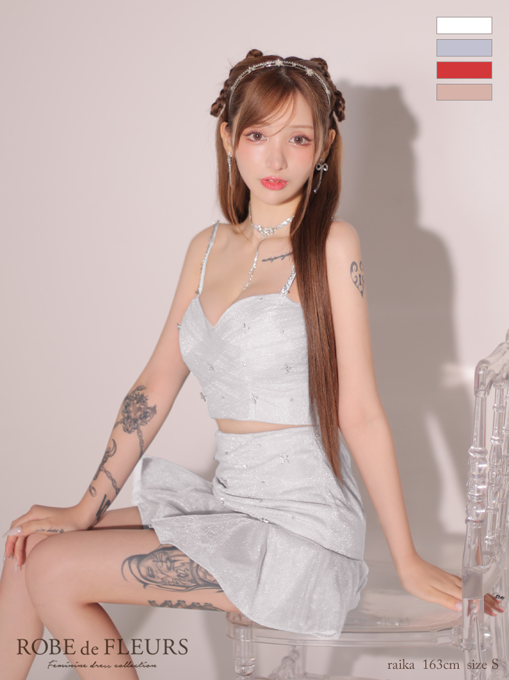 ROBE de FLEURS ローブドフルール シンプルビジューラメニットフリルチュールミニキャバドレス fm3431