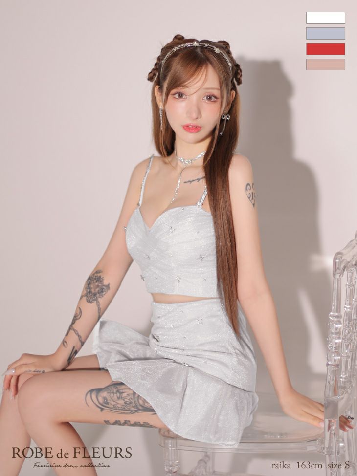 ROBE de FLEURS ローブドフルール シンプルビジューラメニットフリルチュールミニキャバドレス fm3431