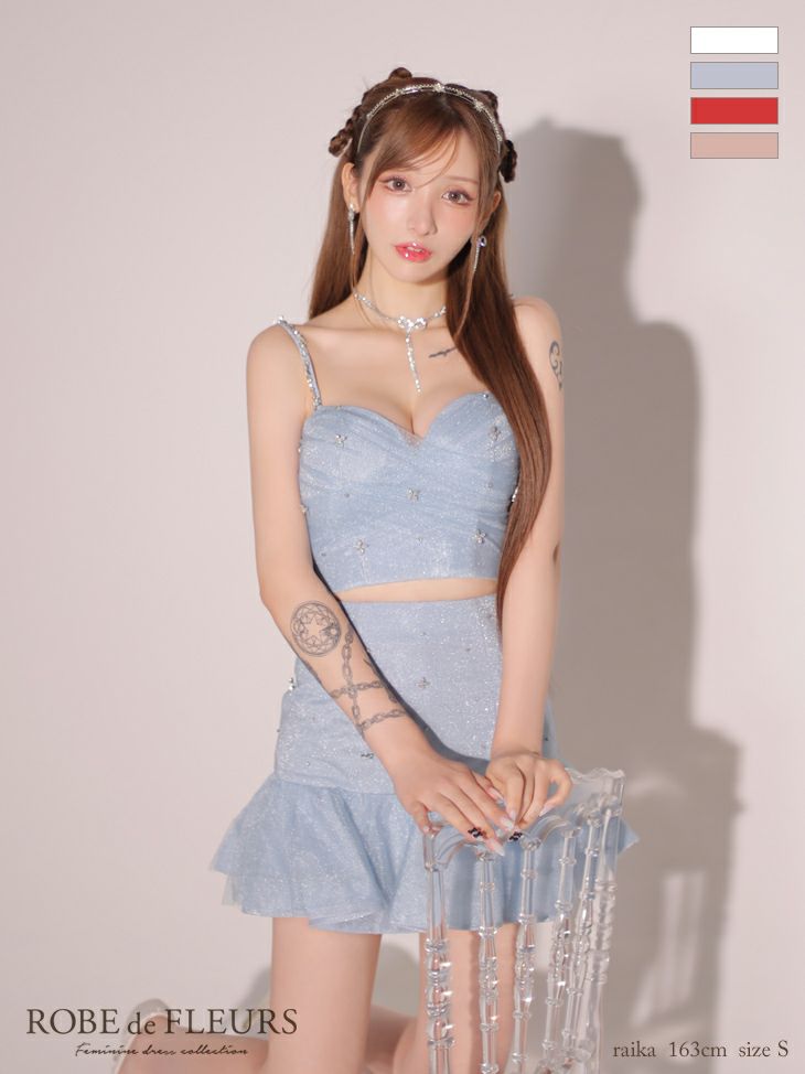 ROBE de FLEURS ローブドフルール シンプルビジューラメニットフリルチュールミニキャバドレス fm3431