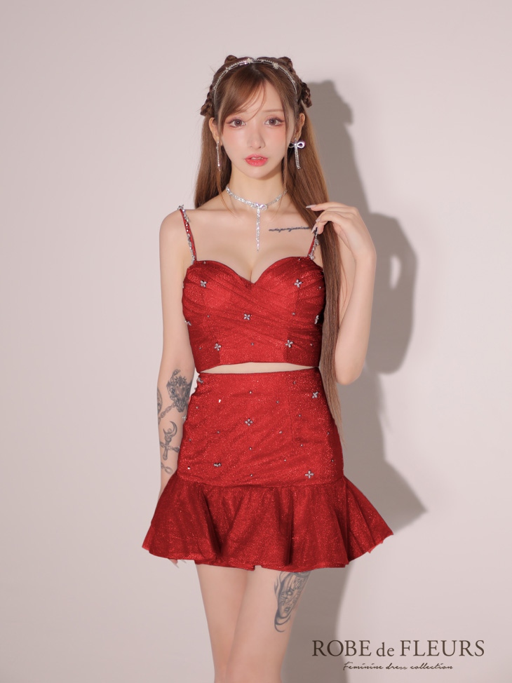 ROBE de FLEURS ローブドフルール シンプルビジューラメニットフリルチュールミニキャバドレス fm3431