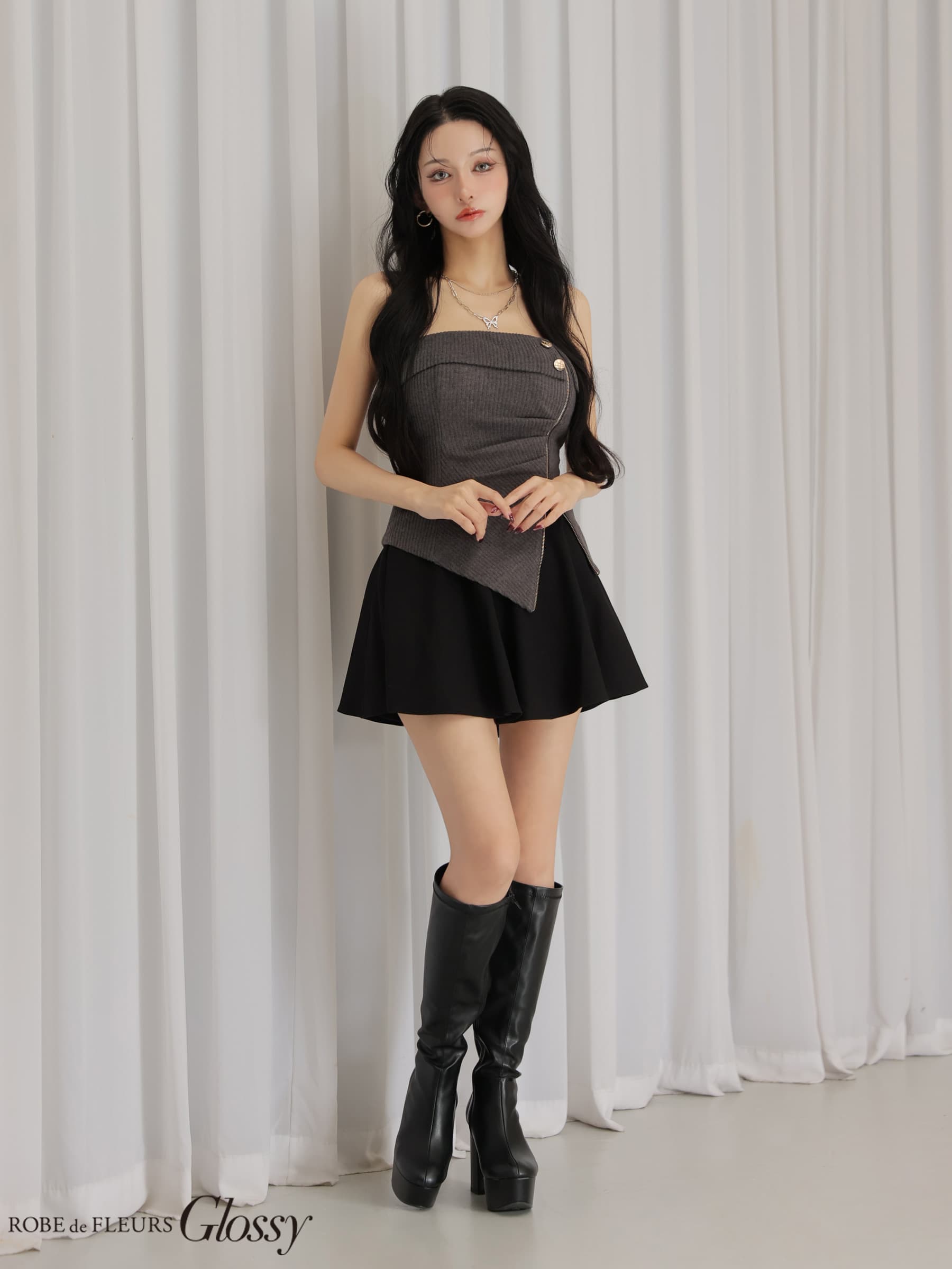 Glossy ローブドフルールグロッシー 【XSサイズあり】ベアトップアシンメトリーセットアップフレアミニキャバドレス gl4607-c