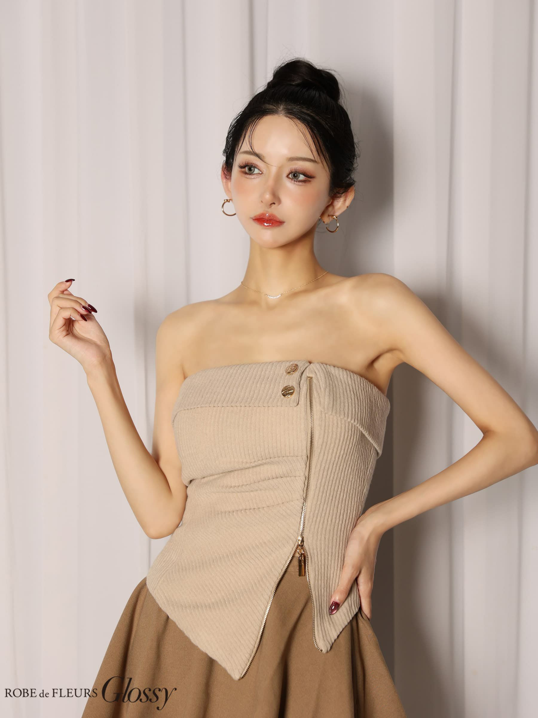 Glossy ローブドフルールグロッシー 【XSサイズあり】ベアトップアシンメトリーセットアップフレアミニキャバドレス gl4607-c