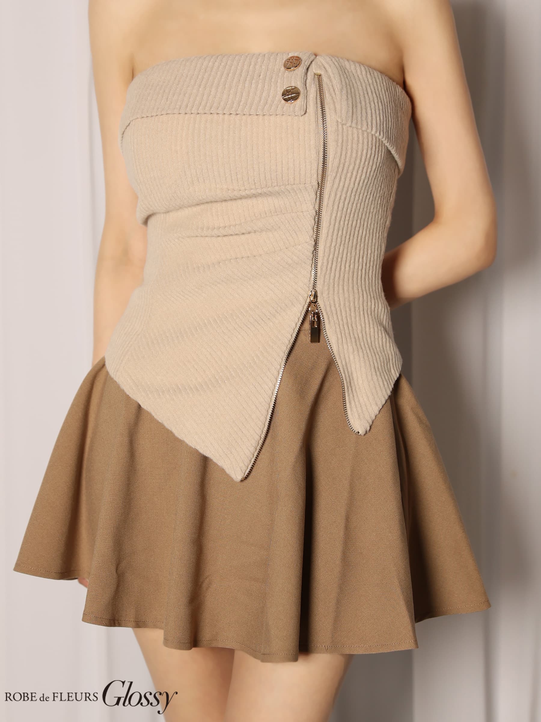 Glossy ローブドフルールグロッシー 【XSサイズあり】ベアトップアシンメトリーセットアップフレアミニキャバドレス gl4607-c