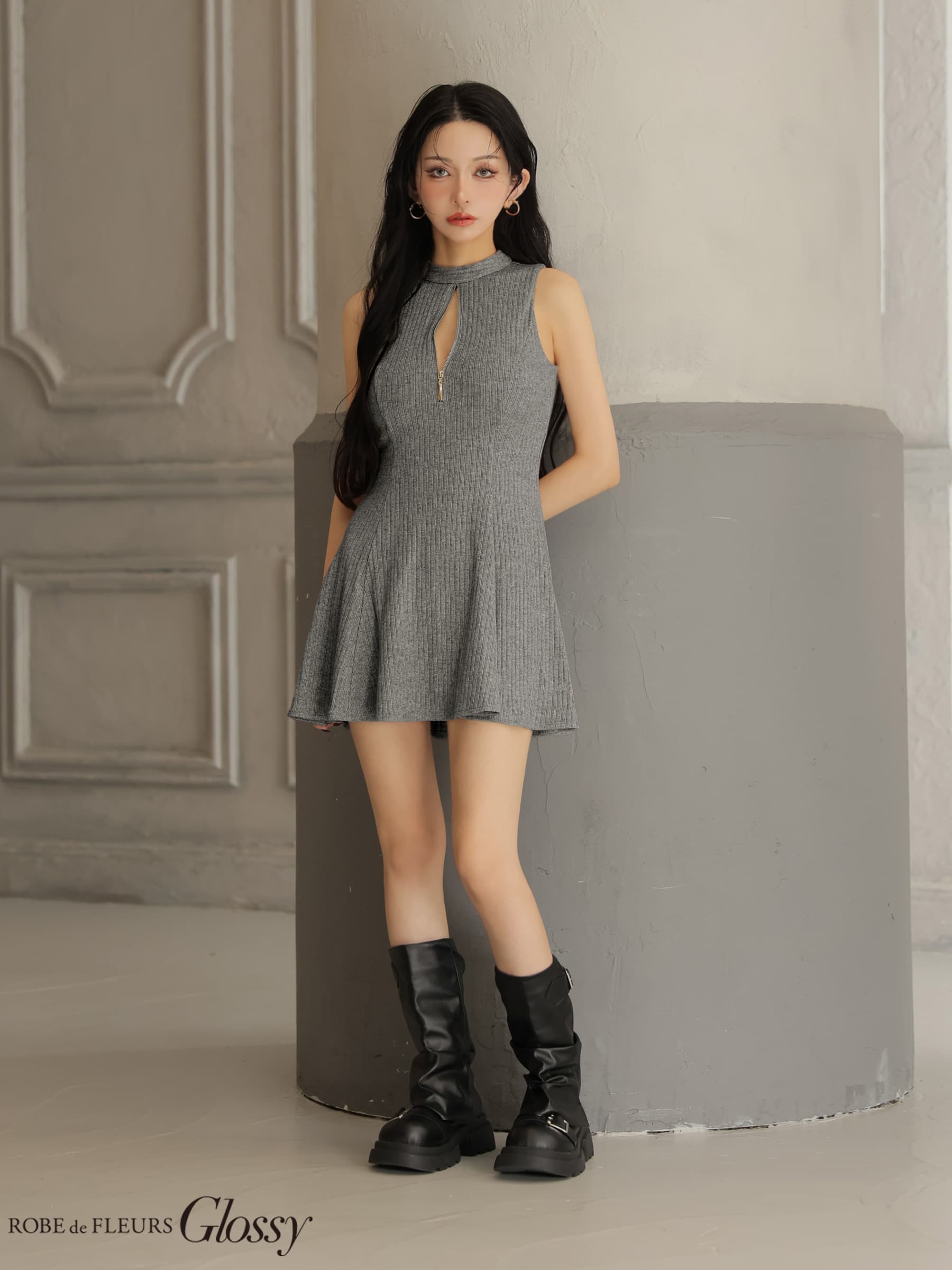 ローブドフルール ドレス グレー Glossy by ROBE de FLEURS/グロッシー】刺繍レーススリーブ ストレッチ