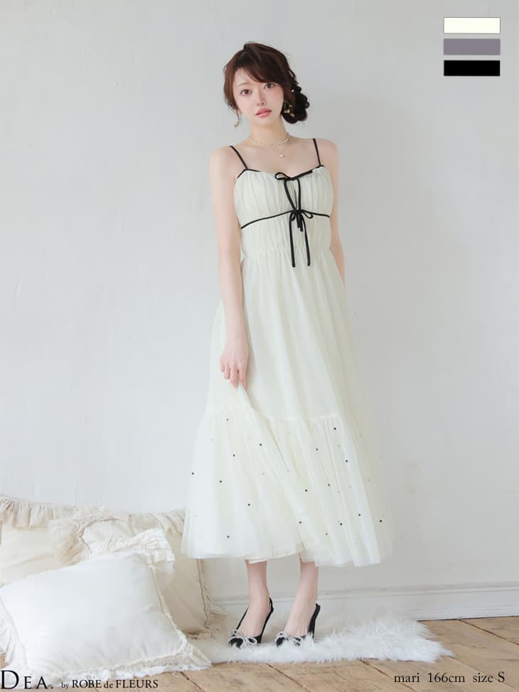 ROBE de FLEURS ローブドフルール 【XSサイズあり】 ドットパールリボン チュールフレアロングキャバドレス fm4335-c