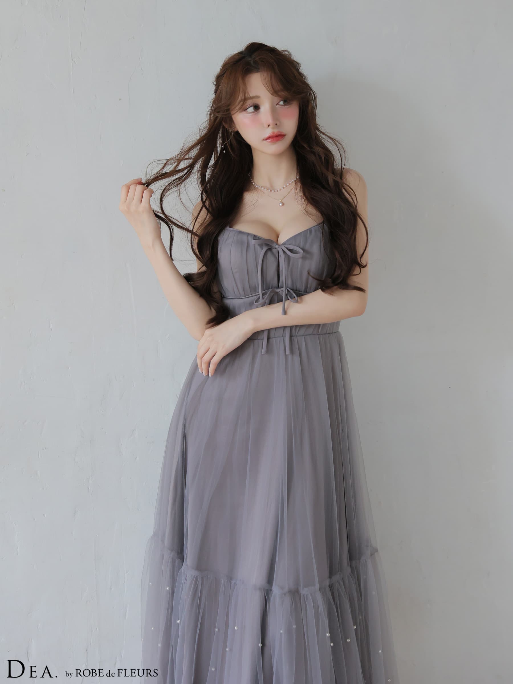 ROBE de FLEURS ローブドフルール 【XSサイズあり】 ドットパールリボン チュールフレアロングキャバドレス fm4335-c