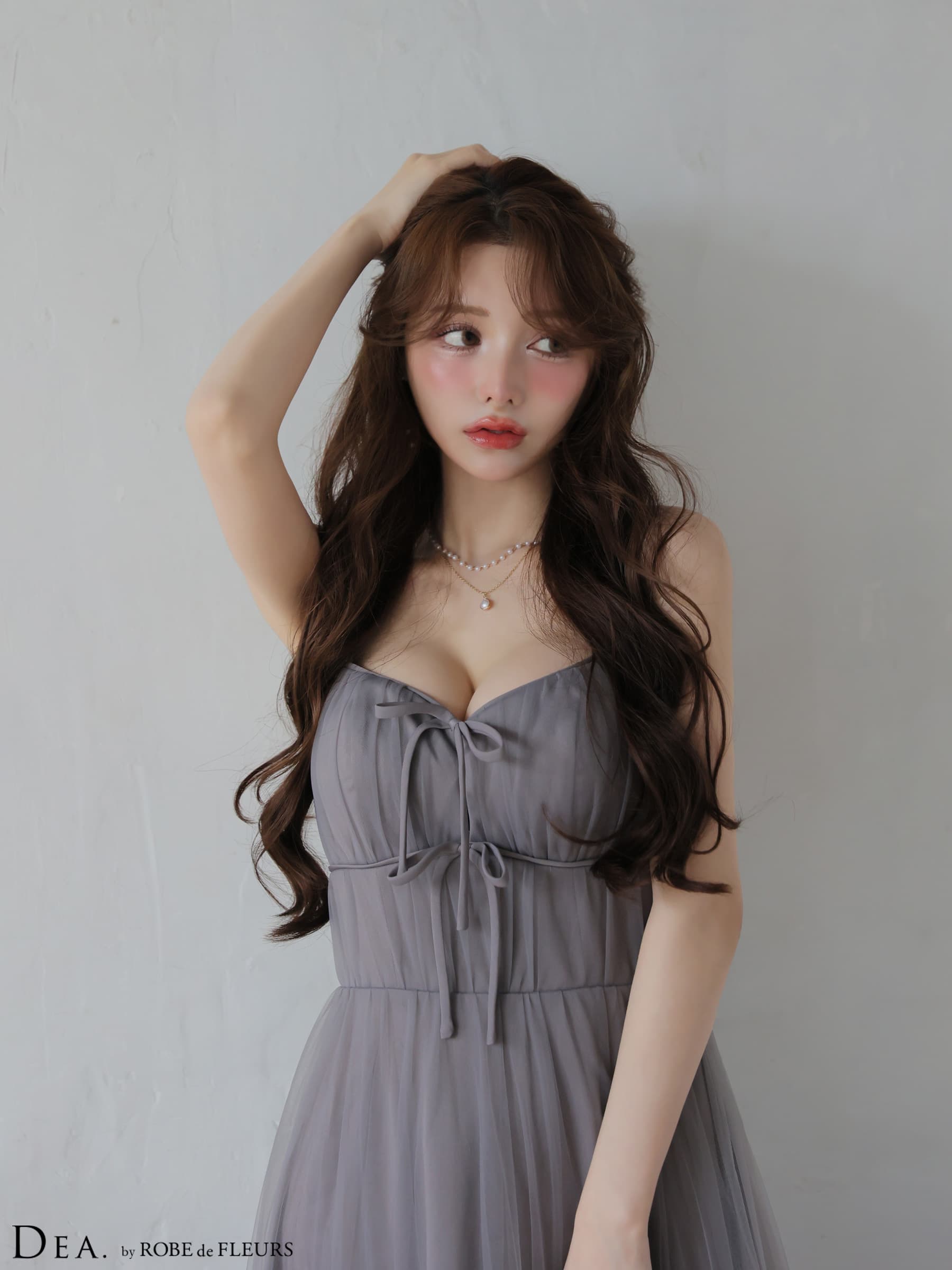 ROBE de FLEURS ローブドフルール 【XSサイズあり】 ドットパールリボン チュールフレアロングキャバドレス fm4335-c