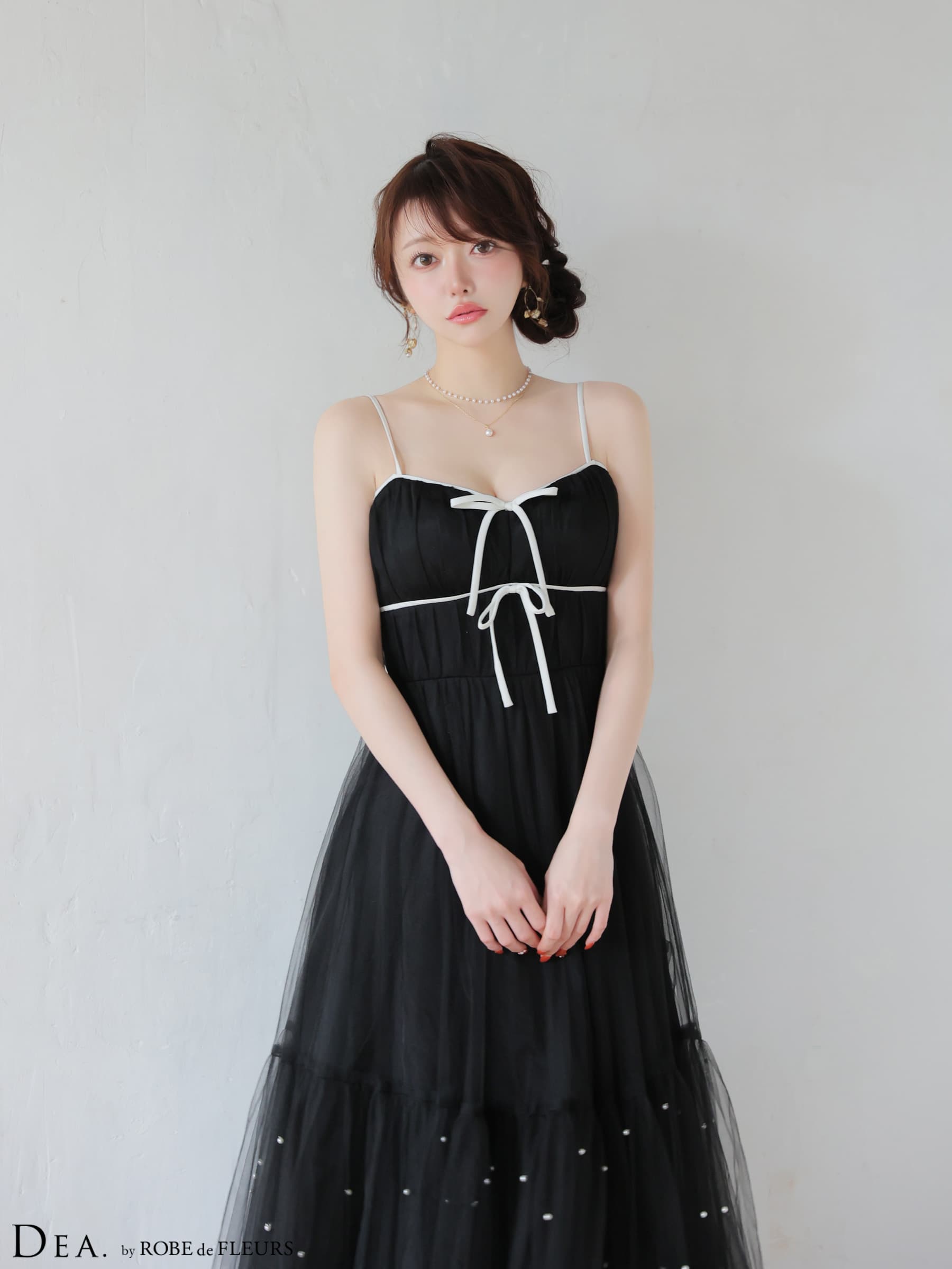 ROBE de FLEURS ローブドフルール 【XSサイズあり】 ドットパールリボン チュールフレアロングキャバドレス fm4335-c