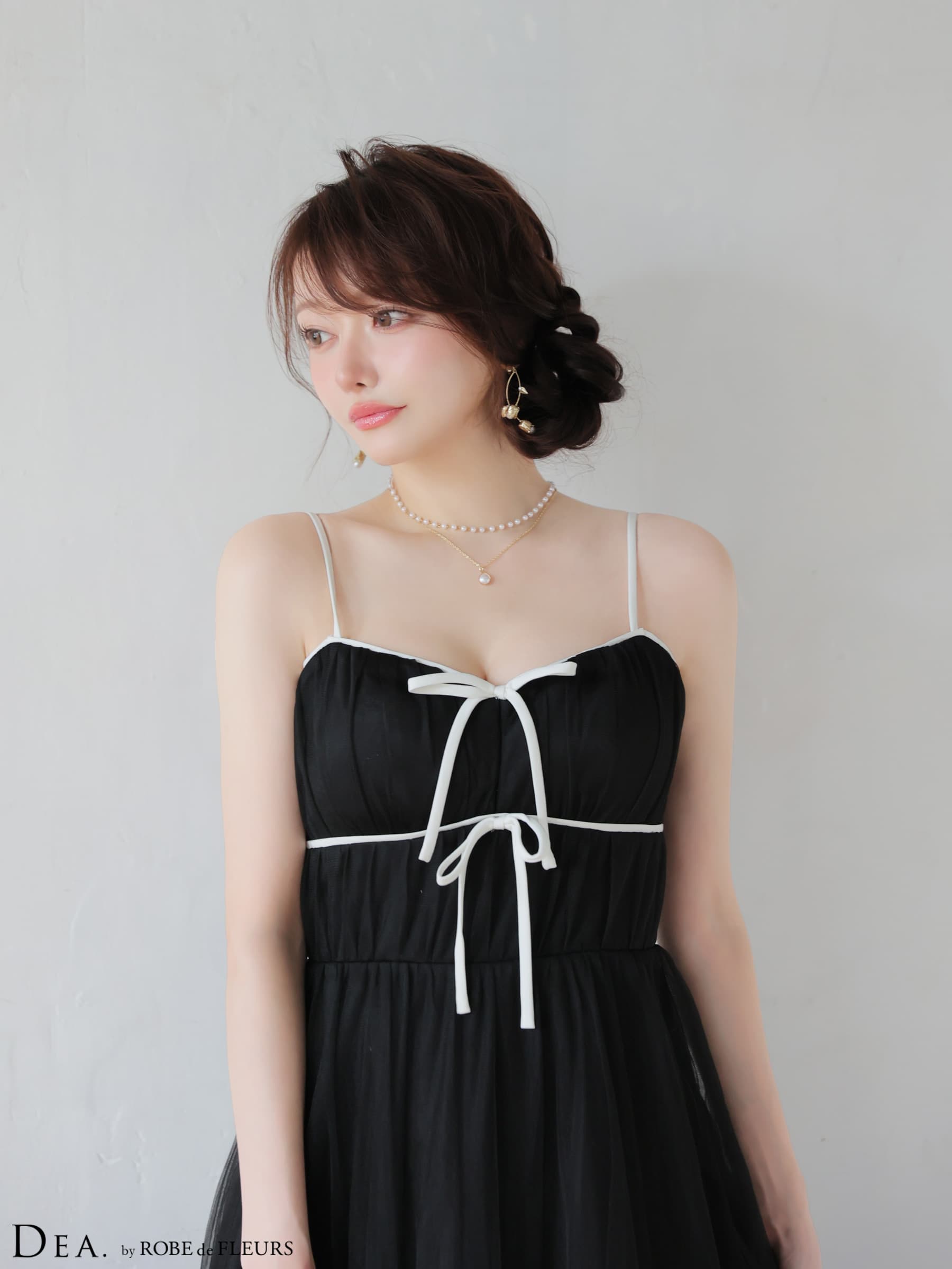 ROBE de FLEURS ローブドフルール 【XSサイズあり】 ドットパールリボン チュールフレアロングキャバドレス fm4335-c