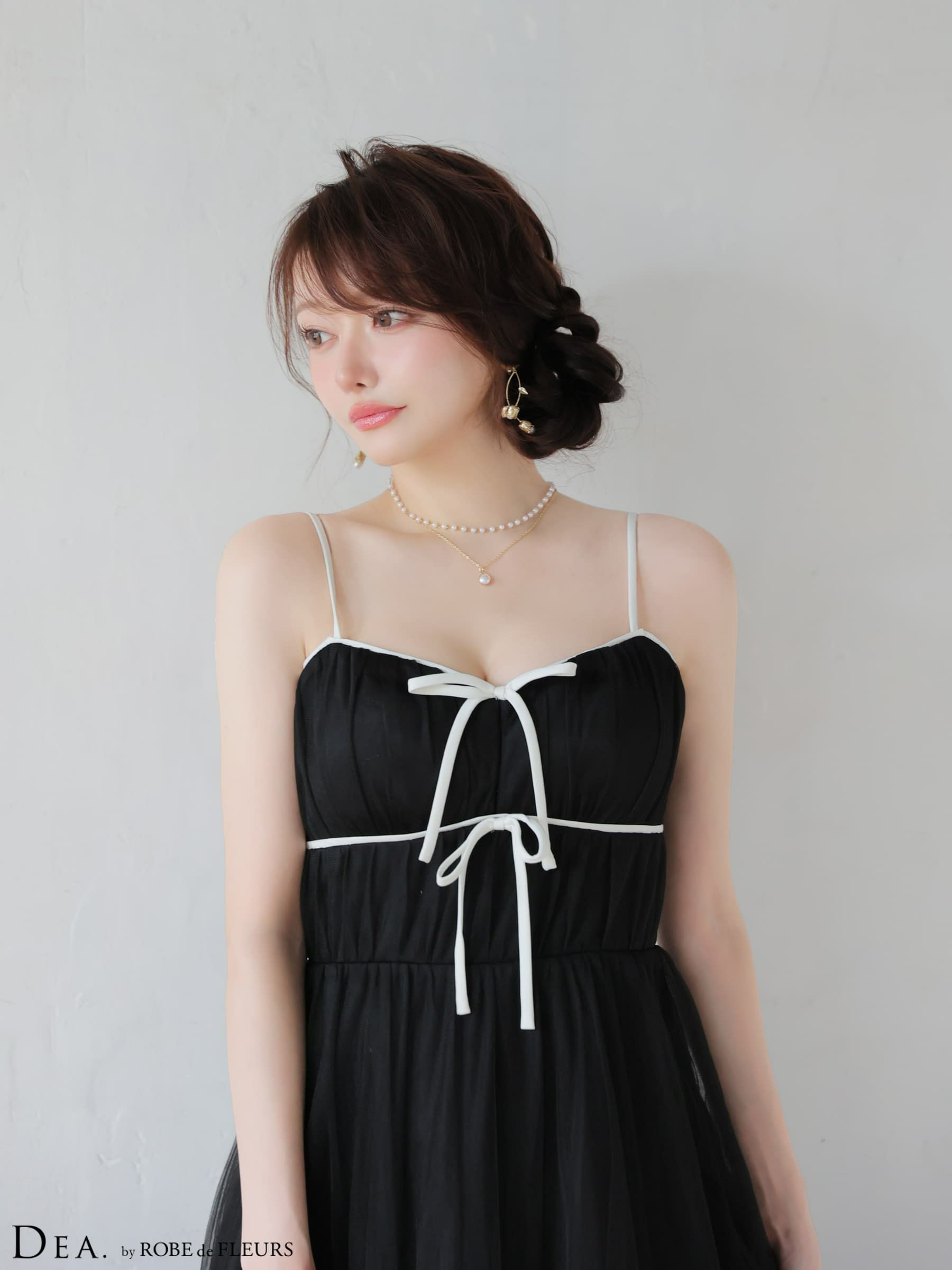 ROBE de FLEURS ローブドフルール 【XSサイズあり】 ドットパールリボン チュールフレアロングキャバドレス fm4335-c