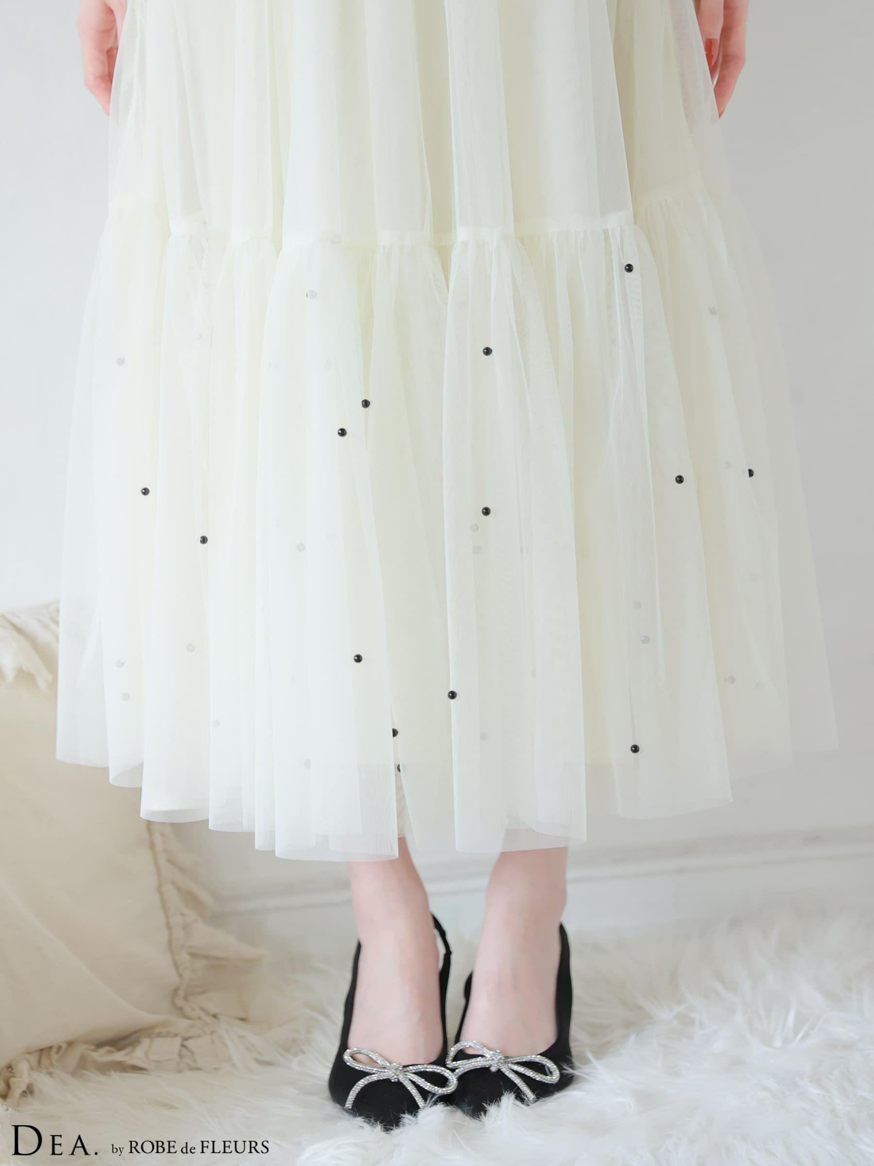 ROBE de FLEURS ローブドフルール 【XSサイズあり】 ドットパールリボン チュールフレアロングキャバドレス fm4335-c